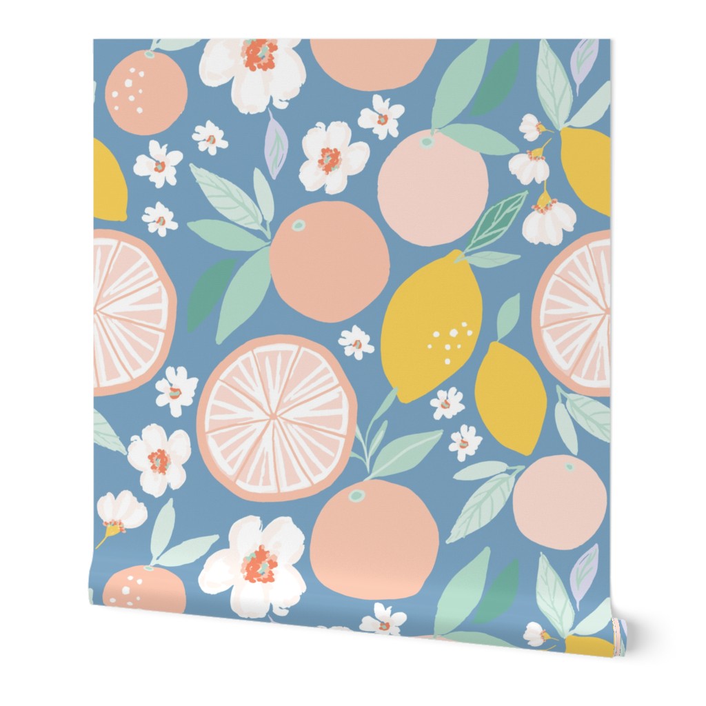 Grapefruit and Lemon - Multi on Blue Wallpaper, 2'x12', Prepasted Removable Smooth, Multicolor