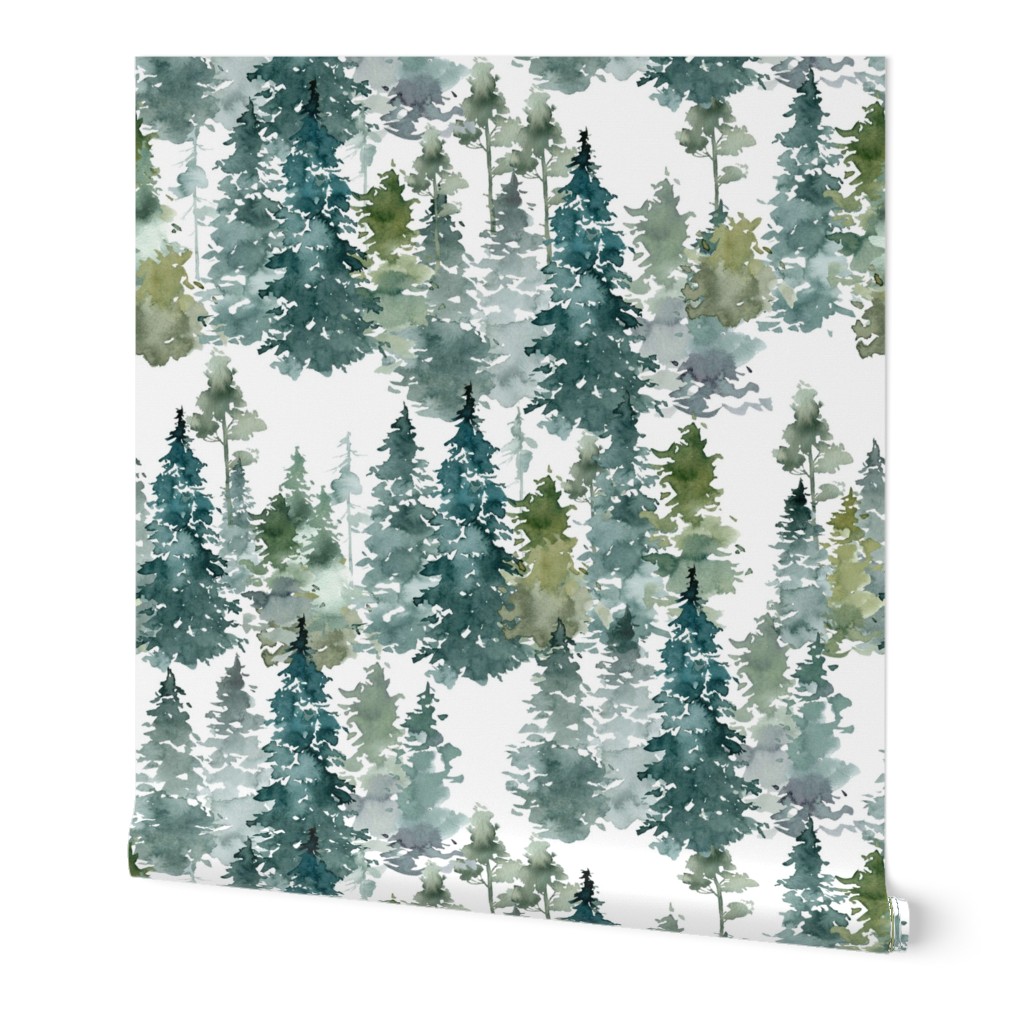 Woodland Trees Watercolor - White Wallpaper, 2'x3', Prepasted Removable Smooth, Green