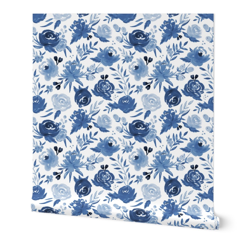 Monochrome Watercolor Floral - Blue Wallpaper, 2'x12', Prepasted Removable Smooth, Blue
