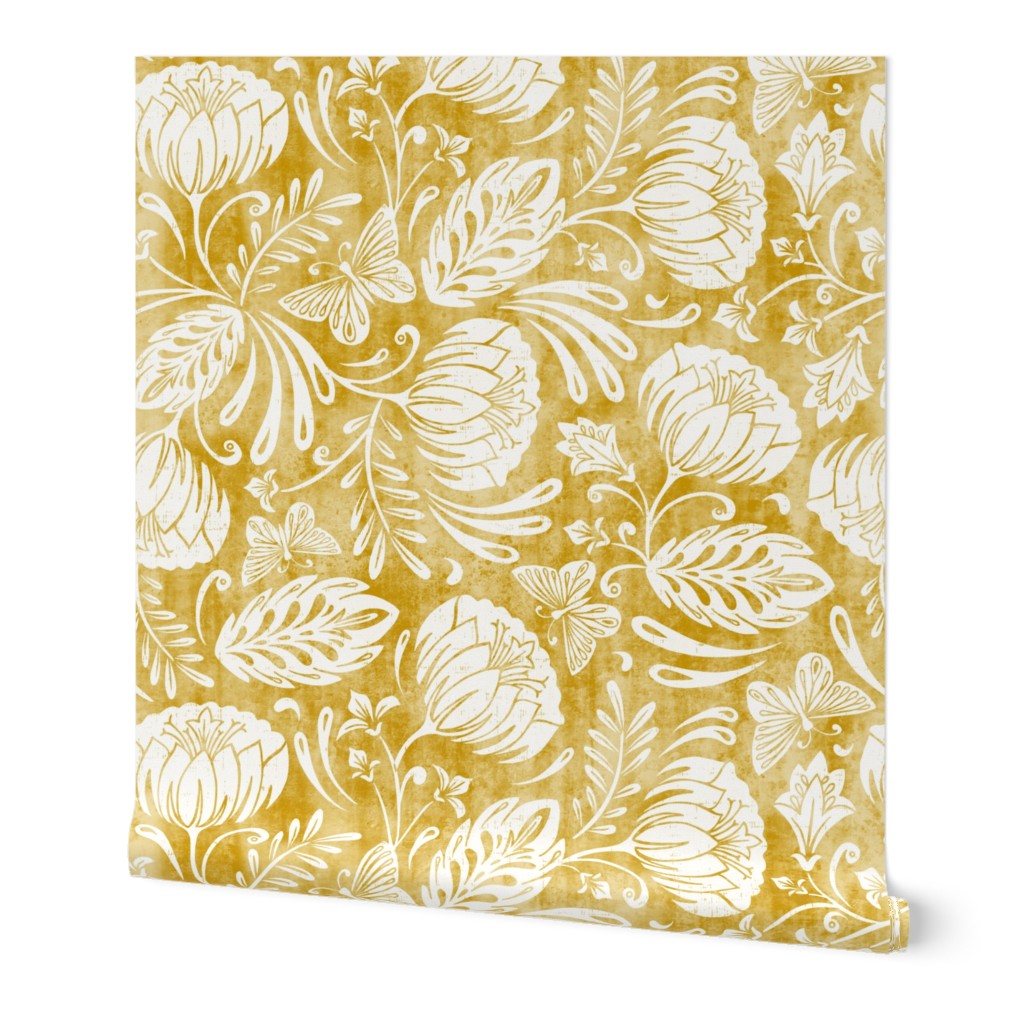 Arabella - Damask Wallpaper, 2'x9', Prepasted Removable Smooth, Yellow