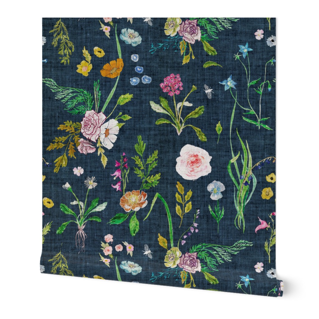 Jane Floral - Multi on Navy Wallpaper, 2'x3', Prepasted Removable Smooth, Multicolor