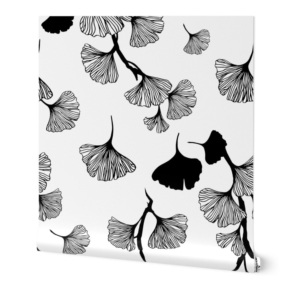 Ginkgo Leaves - Black and White Wallpaper, 2'x3', Prepasted Removable Smooth, Black
