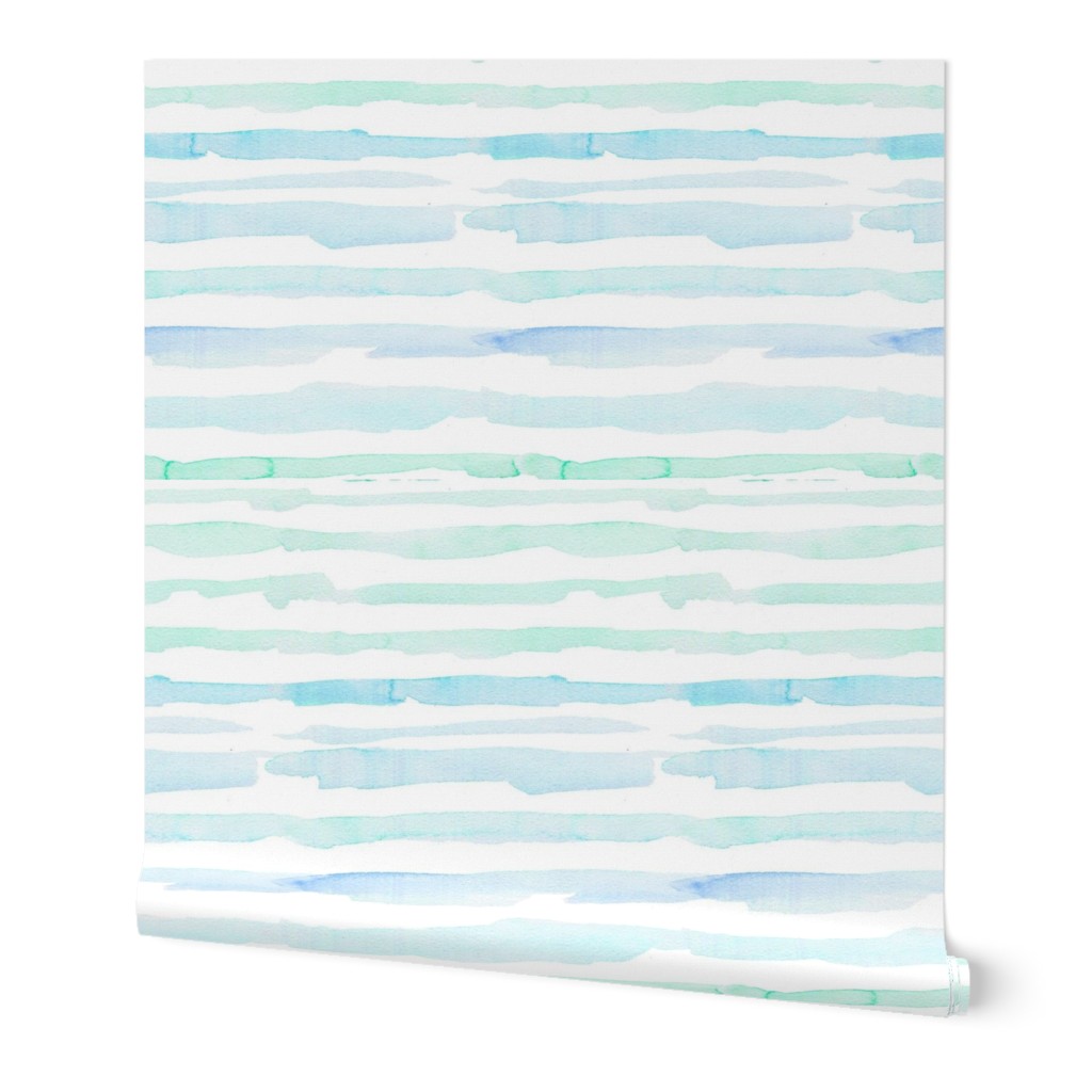 Watercolor Stripes - Blue and Green Wallpaper, 2'x3', Prepasted Removable Smooth, Blue