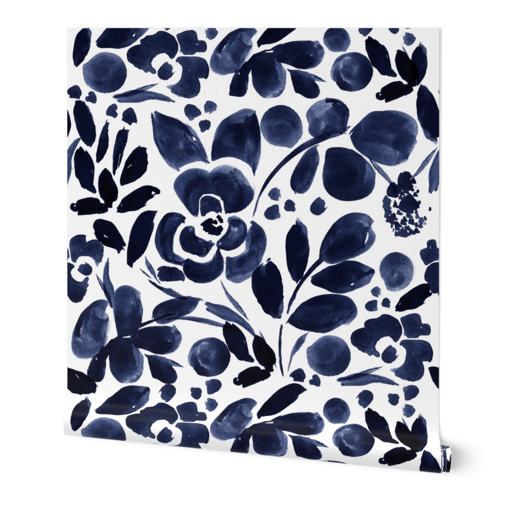 Floral - Navy Blue Wallpaper, 2'x9', Prepasted Removable Smooth, Blue