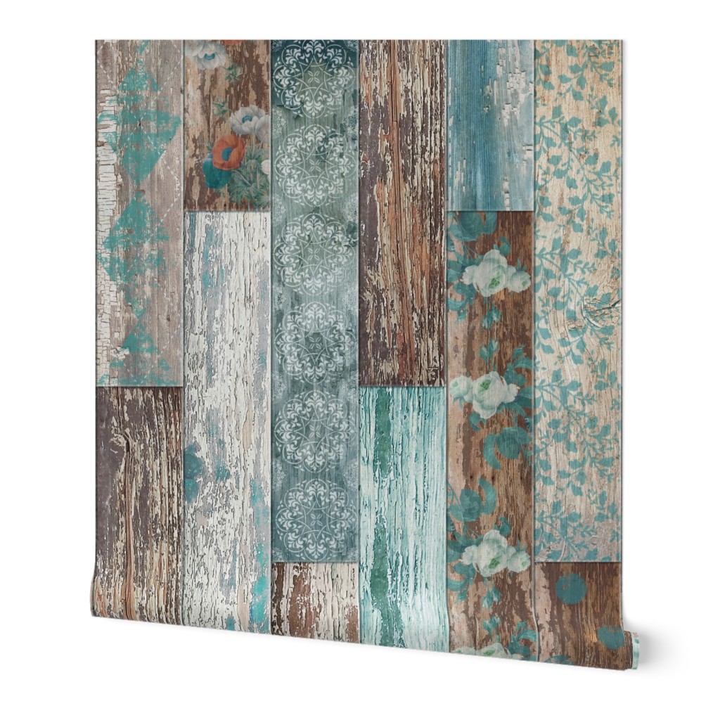 Random Vintage Wood Tiles - Blue and Brown Wallpaper, 2'x12', Prepasted Removable Smooth, Brown