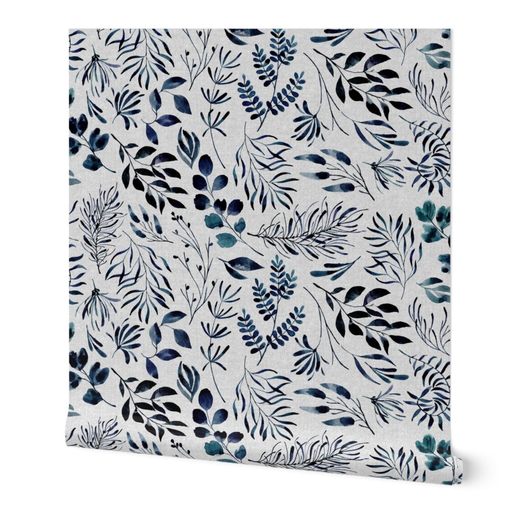 Leaves Nature Botanical Prints Wallpaper, Test Swatch (2' x 1'), Prepasted Removable Smooth, Blue
