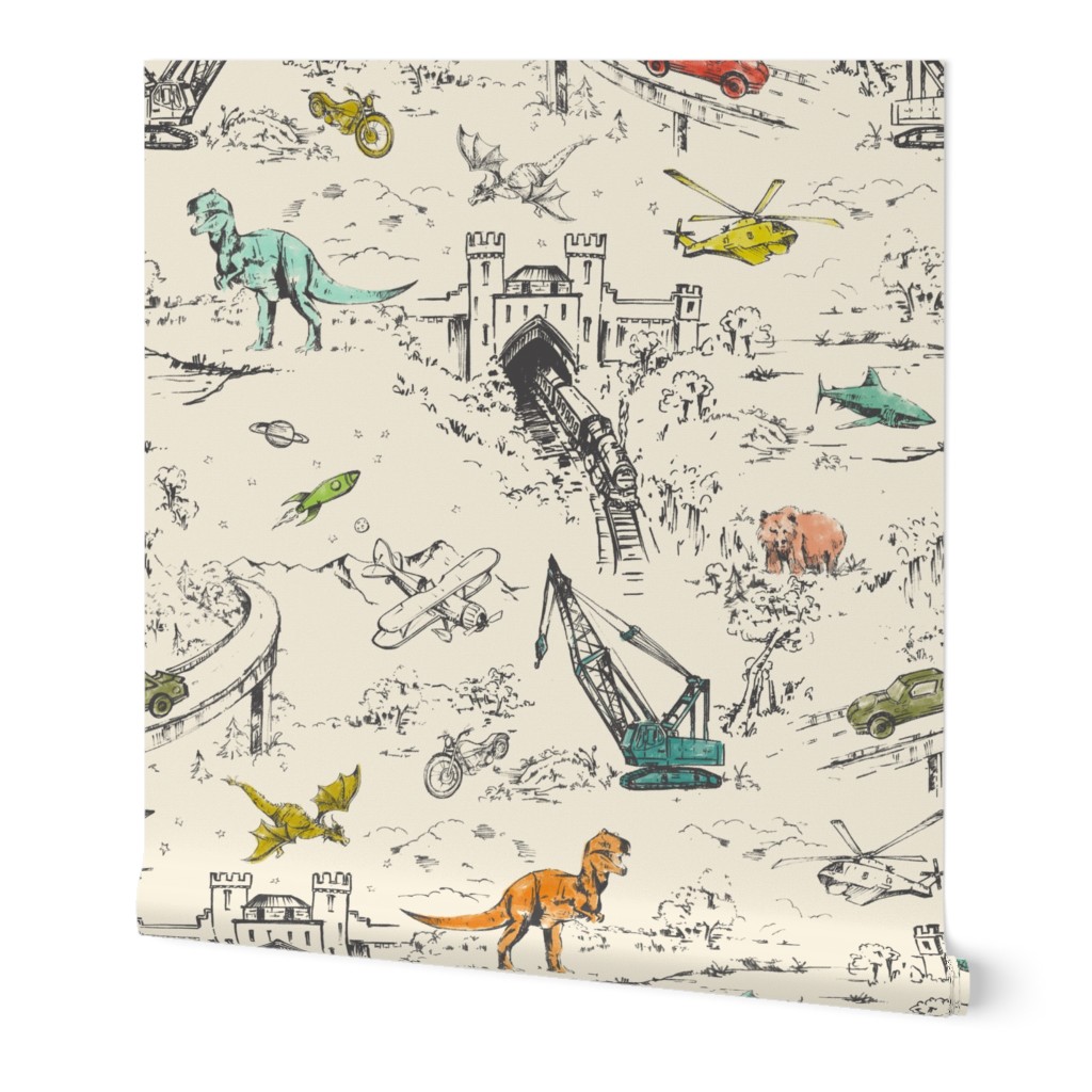 Retro Adventure Toile - Multi Wallpaper, 2'x12', Prepasted Removable Smooth, Beige