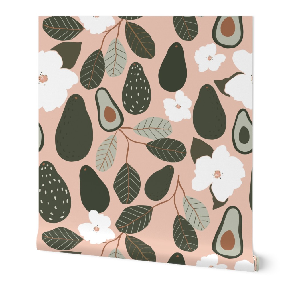 Avocado Blossoms - Multi on Pink Wallpaper, 2'x9', Prepasted Removable Smooth, Multicolor