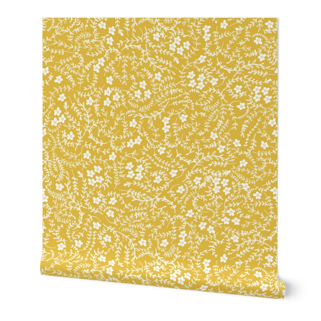 Scattered Floral - Mustard Wallpaper, 2'x9', Prepasted Removable Smooth, Yellow