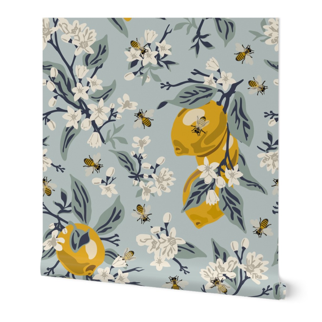 Bees & Lemons Wallpaper, 2'x12', Prepasted Removable Smooth, Blue