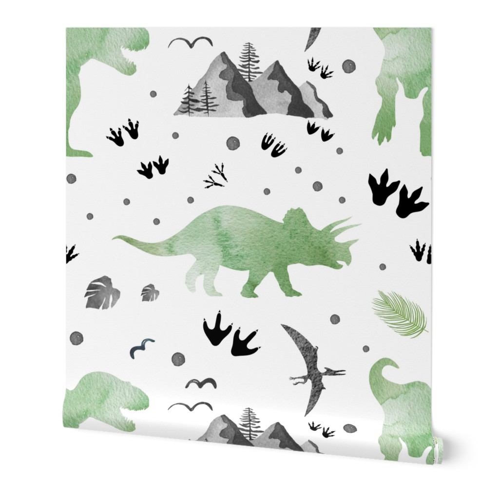 Let's Be Dinosaurs Watercolor - Green Wallpaper, 2'x3', Prepasted Removable Smooth, Green