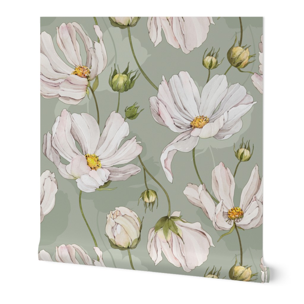 Watercolor Daisy Flowers - Green Wallpaper, 2'x9', Prepasted Removable Smooth, Green