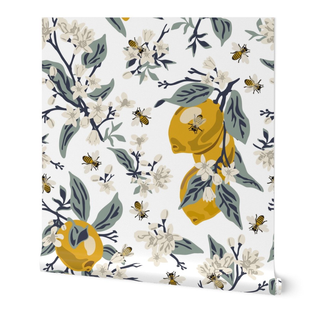 Bees and Lemons - White Wallpaper, 2'x9', Prepasted Removable Smooth, Yellow