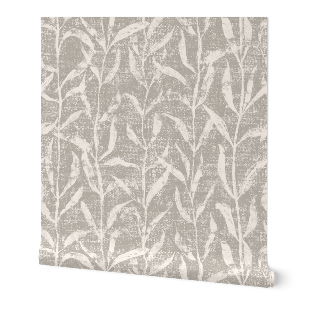 Grass Cloth With Leaves - Gray and Cream Wallpaper, 2'x12', Prepasted Removable Smooth, Beige