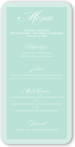 Picture Perfect Couple Wedding Menu, Green, 4x8 Menu, Standard Smooth Cardstock, Rounded, Mint