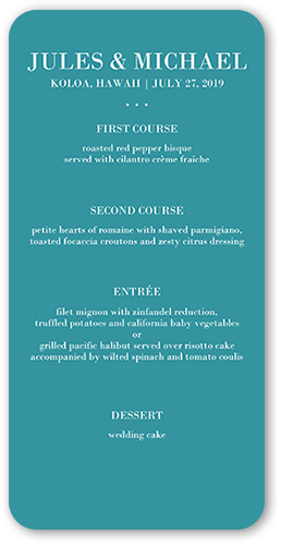 Enchanted Ending Wedding Menu, Blue, 4x8 Menu, Pearl Shimmer Cardstock, Rounded, Deep Turquoise