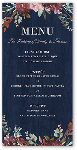 Harvest Time Florals Wedding Menu, Blue, 4x8 Menu, Pearl Shimmer Cardstock, Square