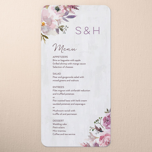 Painted Promise Wedding Menu, Purple, 4x8 Menu, Pearl Shimmer Cardstock, Rounded