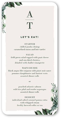 Rehearsal Bough Wedding Menu, White, 4x8 Menu, Pearl Shimmer Cardstock, Rounded, White