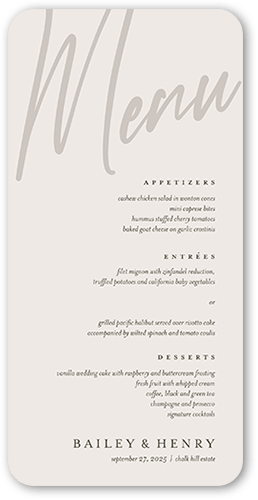 Cursive Captions Wedding Menu, Beige, 4x8 Menu, 100% Recycled Cardstock , Rounded, Pebble