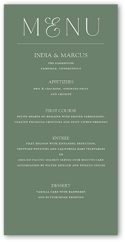 Fancy Feature Wedding Menu, Green, 4x8 Menu, Matte, Signature Smooth Cardstock, Square