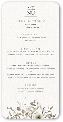 Blissful Bloom Wedding Menu, Gray, 4x8 Menu, Pearl Shimmer Cardstock, Rounded