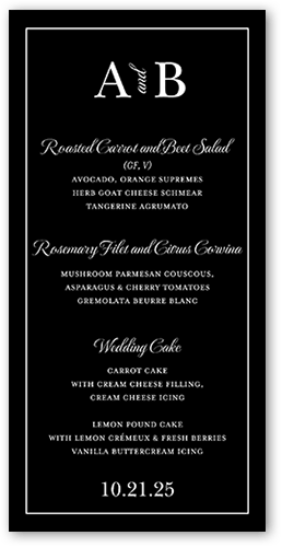 Glistening Glamour Wedding Menu, Black, 4x8 Menu, Pearl Shimmer Cardstock, Square