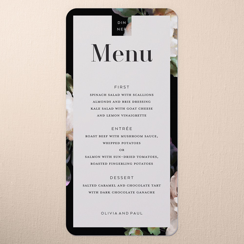 Forged Blooms Wedding Menu, White, 4x8 Menu, Pearl Shimmer Cardstock, Rounded, Almond