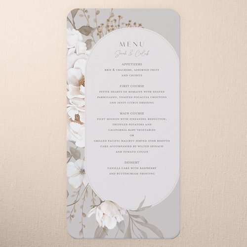 Full Bloom Wedding Menu, Gray, 4x8 Menu, Standard Smooth Cardstock, Rounded