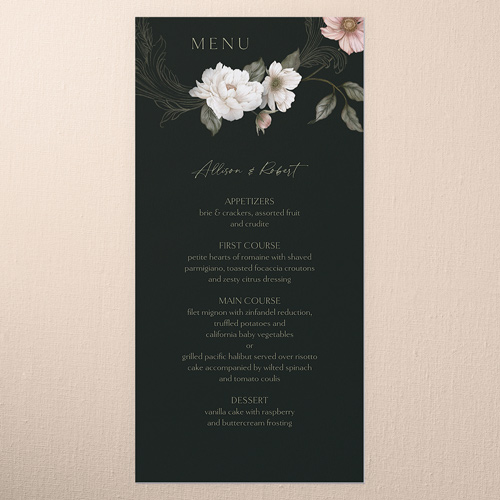 Peaceful Flowers Wedding Menu, Black, 4x8 Menu, Pearl Shimmer Cardstock, Square