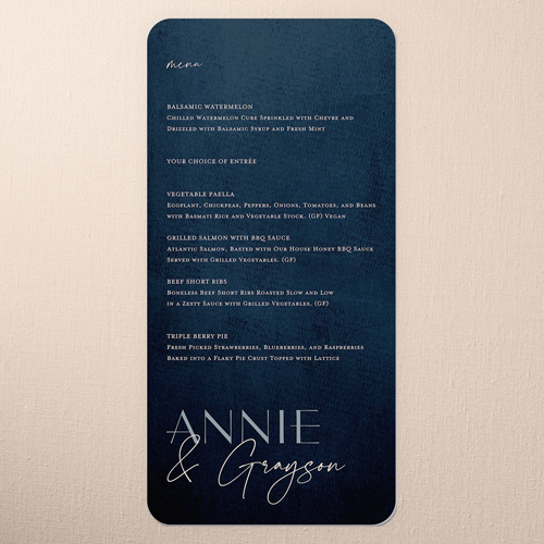 Modern Grace Wedding Menu, Blue, 4x8 Menu, 100% Recycled Cardstock ?, Rounded