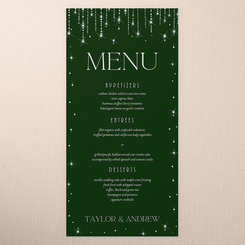 Adorned Glimmer Wedding Menu, Green, 4x8 Menu, Pearl Shimmer Cardstock, Square, Leafy