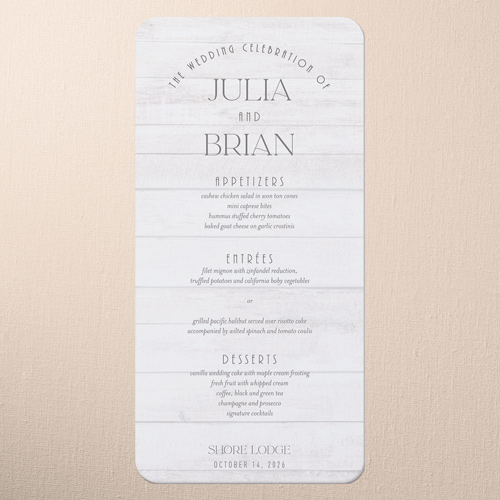 Timber Ties Wedding Menu, White, 4x8 Menu, 100% Recycled Cardstock , Rounded