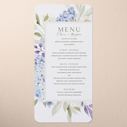 Hydrangea Highlight Wedding Menu, Blue, 4x8 Menu, 100% Recycled Cardstock , Rounded, Blue