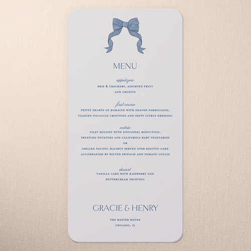 Classical Bow Wedding Menu, Blue, 4x8 Menu, 100% Recycled Cardstock , Rounded, Blueberry