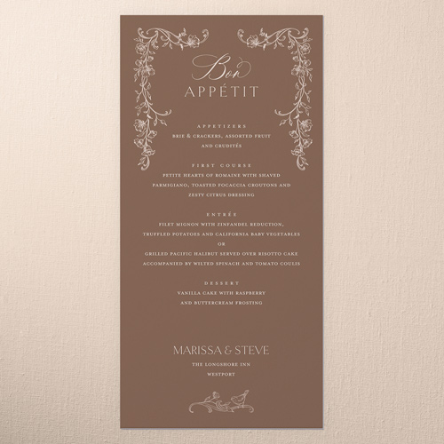 Gentle Ornamented Framework Wedding Menu, Brown, 4x8 Menu, Pearl Shimmer Cardstock, Square, Clove