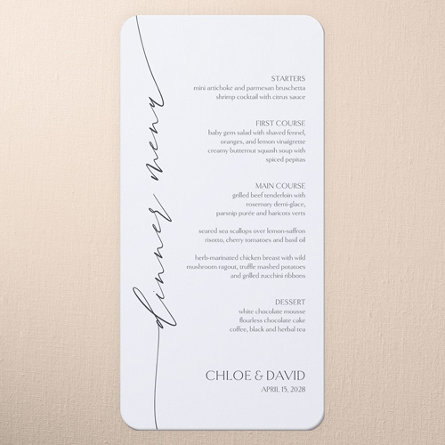 Whispering Love Wedding Menu, White, 4x8 Menu, 100% Recycled Cardstock , Rounded, White