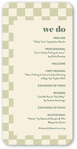 Checkerboard Chapel Wedding Program, Green, 4x8 Flat Program, Standard Smooth Cardstock, Rounded