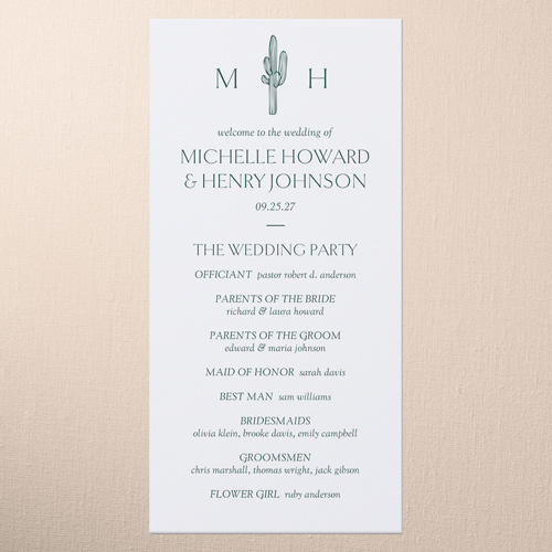 Editable Icon Wedding Program, Green, 4x8 Flat Program, Write Your Own Greeting, Pearl Shimmer Cardstock, Square