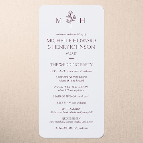 Editable Icon Wedding Program, Purple, 4x8 Flat Program, Write Your Own Greeting, 100% Recycled Cardstock , Rounded, Merlot