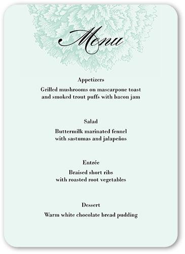 Grandeur Affair Wedding Menu, Blue, 5x7 Flat Menu, 100% Recycled Cardstock , Rounded