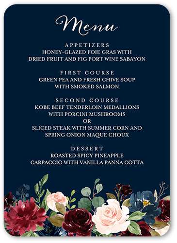 Exquisite Bouquet Wedding Menu, Blue, 5x7 Flat Menu, Pearl Shimmer Cardstock, Rounded