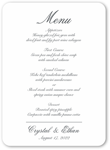 Minimal Script Wedding Menu, White, 5x7 Flat Menu, Matte, Signature Smooth Cardstock, Rounded, White