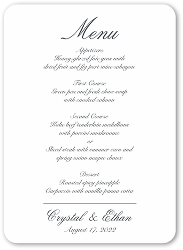 Minimal Script Wedding Menu, White, 5x7 Flat Menu, Standard Smooth Cardstock, Rounded