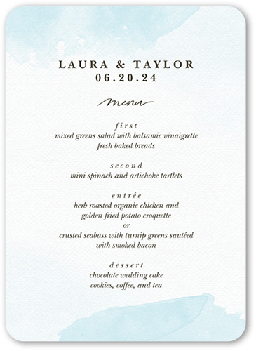 Soft Blush Wedding Menu, Blue, 5x7 Flat Menu, Pearl Shimmer Cardstock, Rounded, Powder Blue