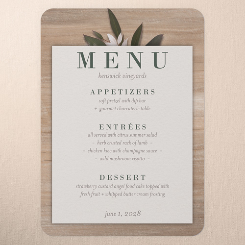 Rustic Foliage Wedding Menu, Beige, 5x7 Flat Menu, Pearl Shimmer Cardstock, Rounded