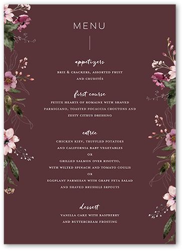 Delicate Perennials Wedding Menu, Purple, 5x7 Flat Menu, 100% Recycled Cardstock , Square