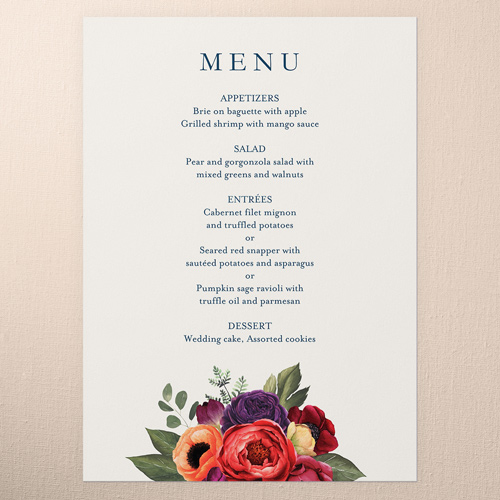 Blossom Burst Wedding Menu, Blue, 5x7 Flat Menu, 100% Recycled Cardstock , Square, Midnight