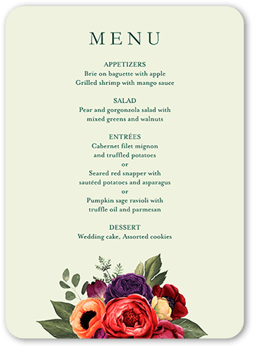 Blossom Burst Wedding Menu, Black, 5x7 Flat Menu, Pearl Shimmer Cardstock, Rounded
