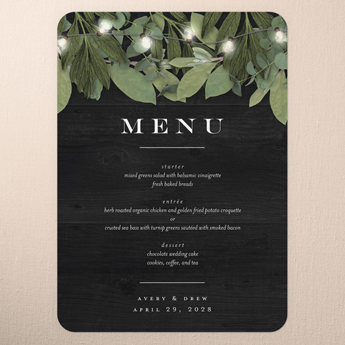Lit Foliage Wedding Menu, Black, 5x7 Flat Menu, 100% Recycled Cardstock , Rounded, Black